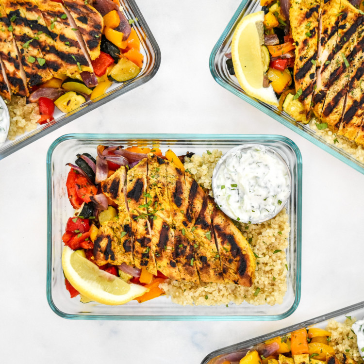Indian Inspired Spiced Chicken Meal Prep in a glass meal prep bowl.