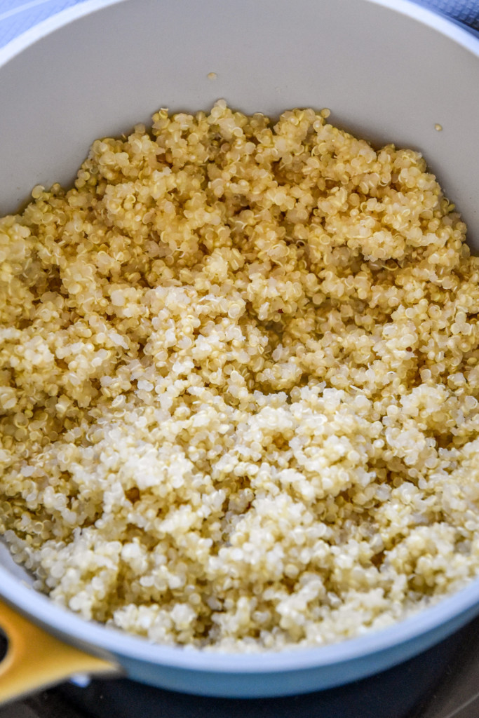 cooked quinoa in a saucepan.