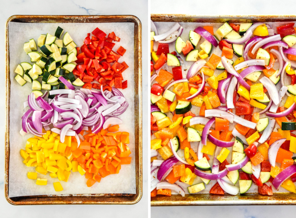 prepared cut veggies on a sheet pan before roasting.