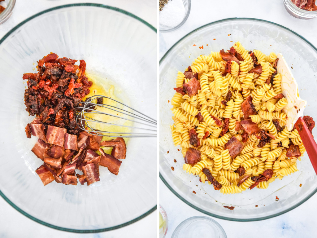 side by side of dressing the pasta in oil and vinegar for the make-ahead chicken club pasta salad.