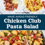 pin image for make-ahead chicken club pasta salad.