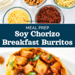 pin image for meal prep soy chorizo breakfast burritos.