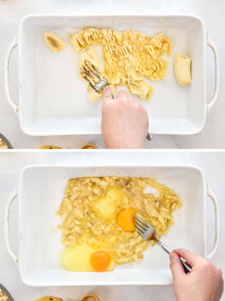 mashing bananas and whisking eggs in a casserole dish to make the baked oatmeal.