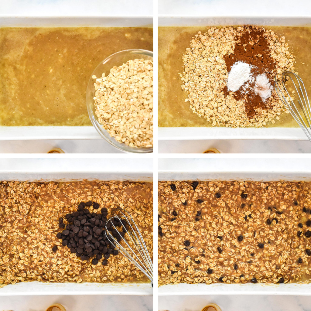 adding the dry ingredients and mixing the chocolate chip banana bread baked oatmeal before baking.