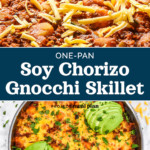 pin image with text for recipe one-pan soy chorizo gnocchi skillet.