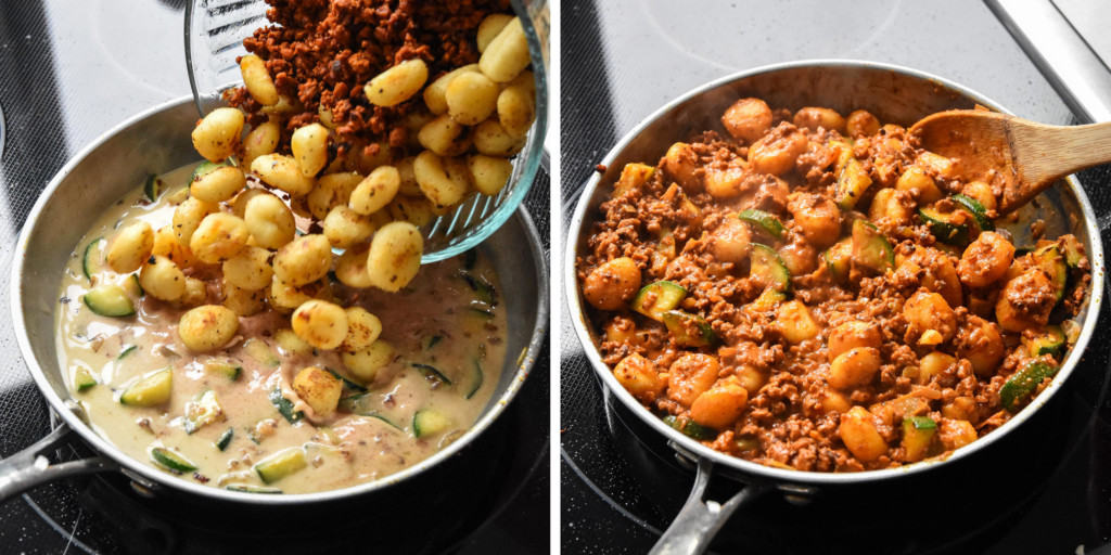mixing in the gnocchi and soy chorizo to the pan.
