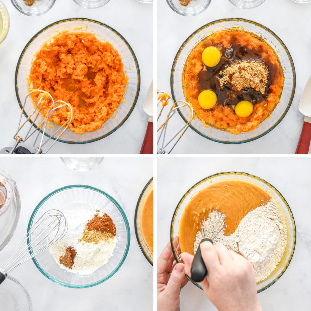 step by step grid for making the batter for the sweet potato spice cake.