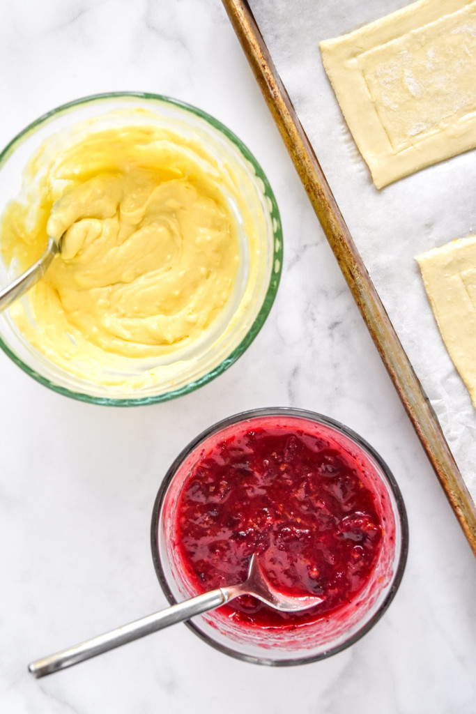 bowls of cream cheese mixture and cranberry mixture to make the pastry fillings.