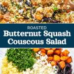 pin image with text for roasted butternut squash couscous salad.