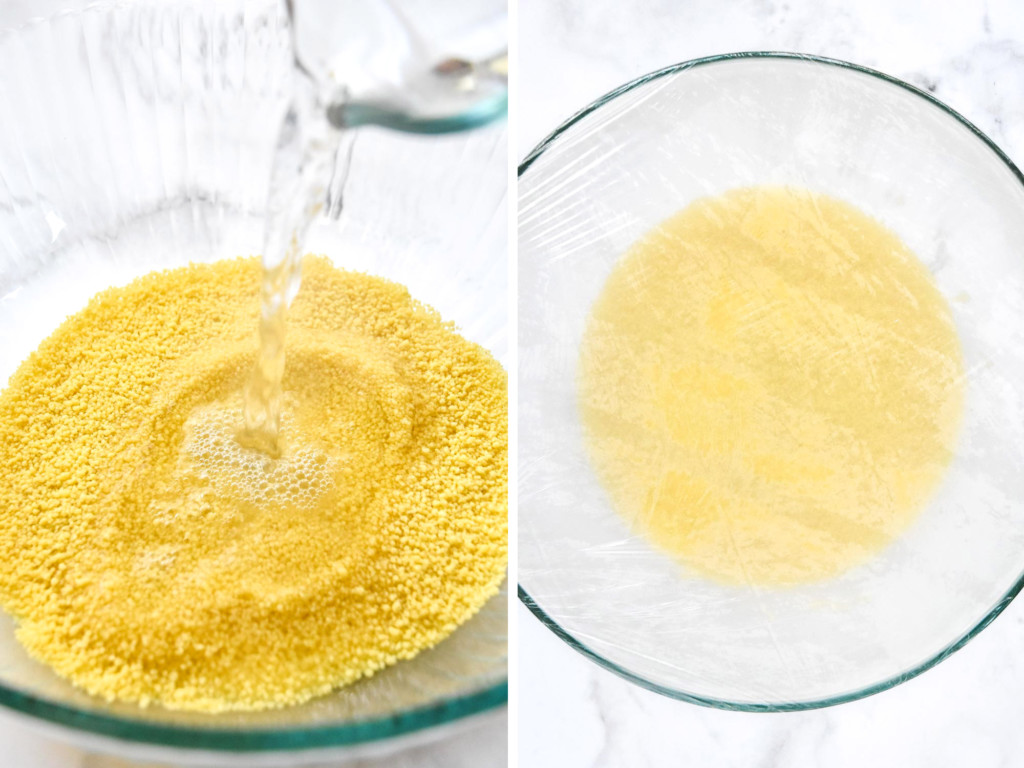 pouring hot water into dry couscous and covering bowl with food wrap to steam.