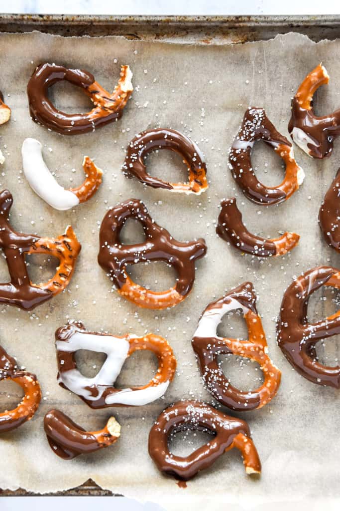 all the leftover broken pretzels and chocolate after making the chocolate pretzels.