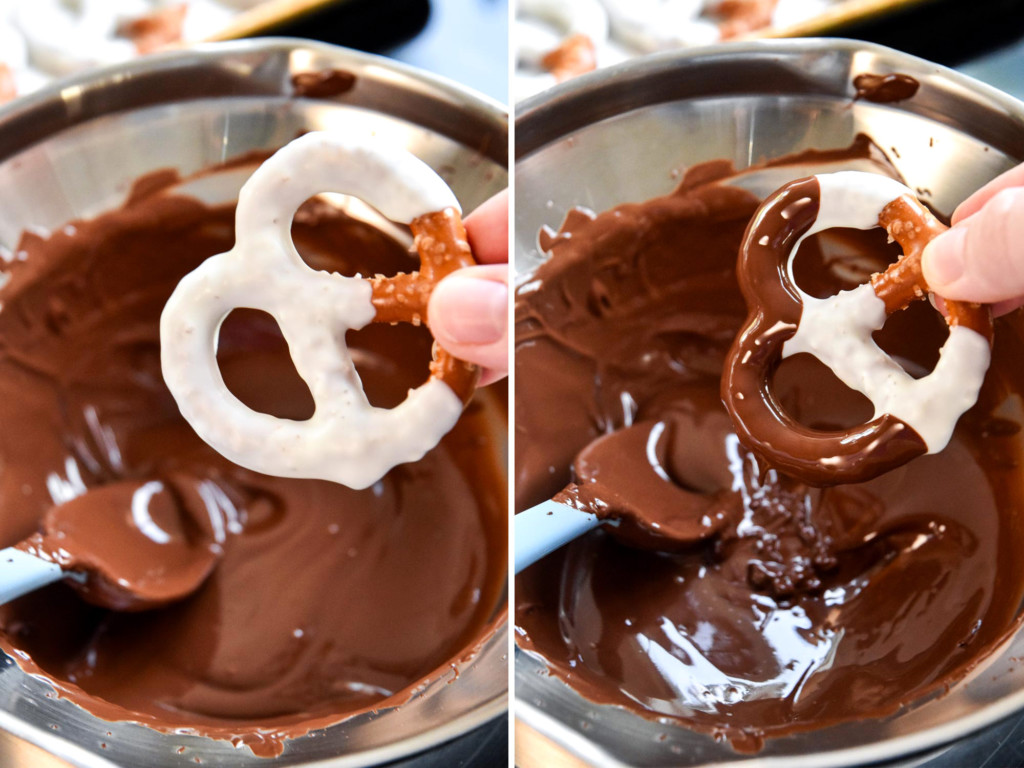using the double dip method for decorating these homemade chocolate dipped pretzels.