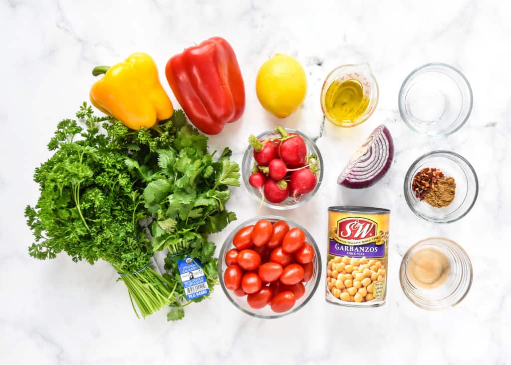ingredients required to make the vegan chickpea salad before prepping.