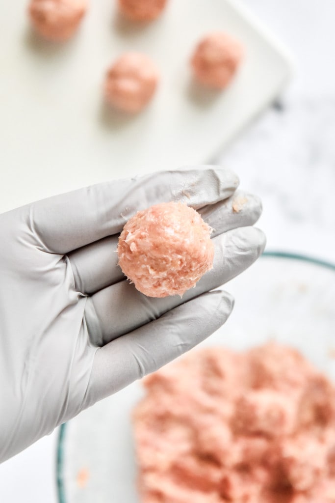 rolled raw meatball in a gloved hand before cooking.