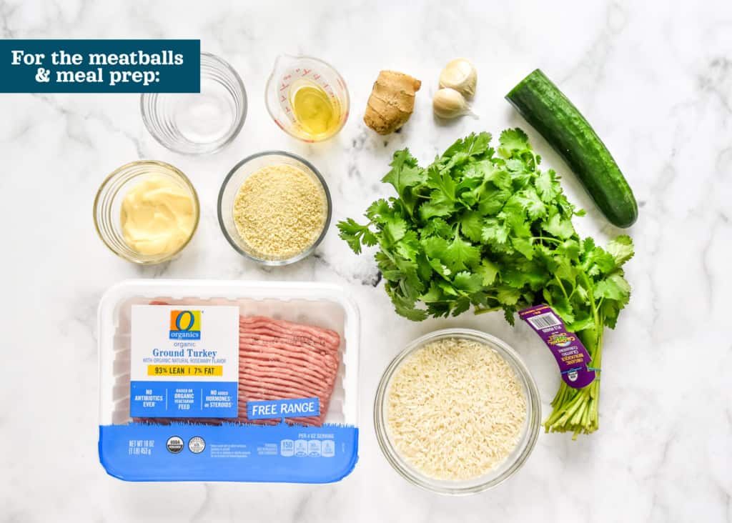 ingredients for the meatballs and rice part of the banh mi inspired meal prep bowls.