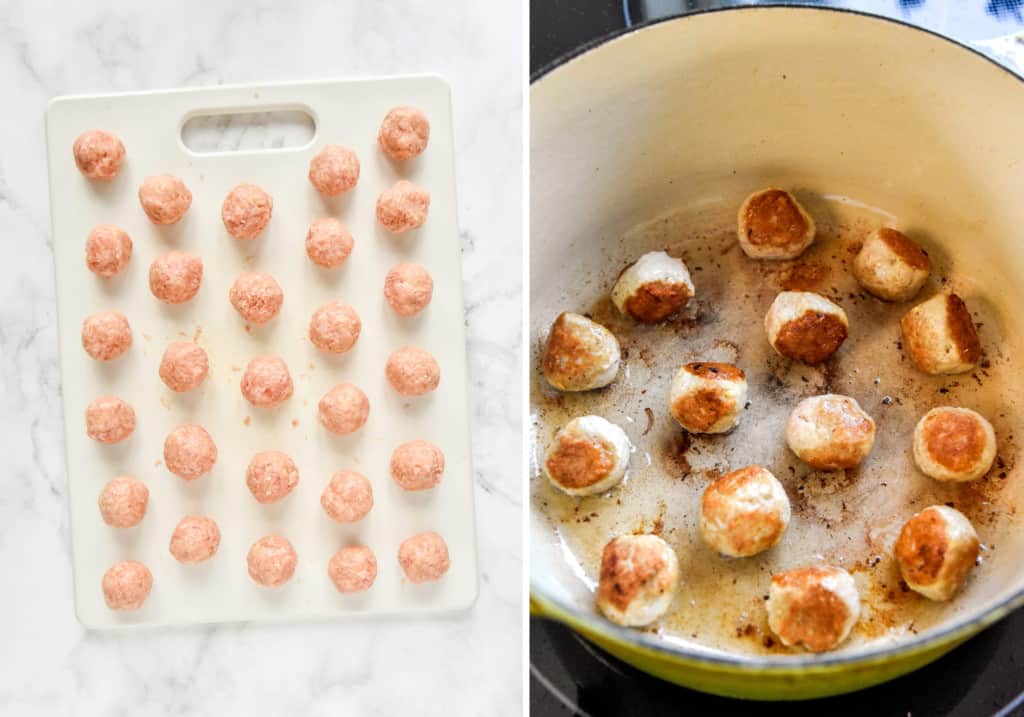 frying meatballs for the protein for the banh mi inspired meal prep bowls.