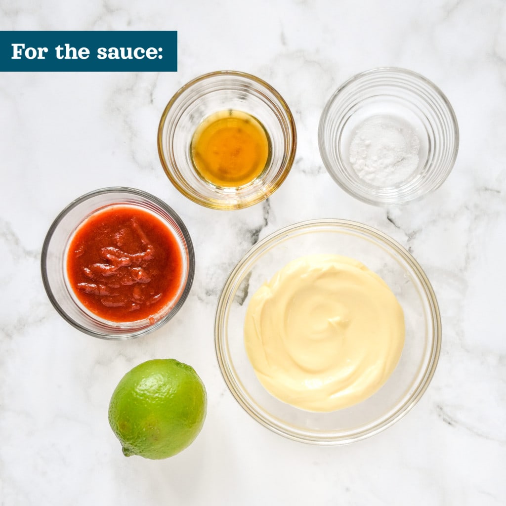 sauce ingredients for the sriracha spicy mayo including lime, maple syrup, and mayonnaise.