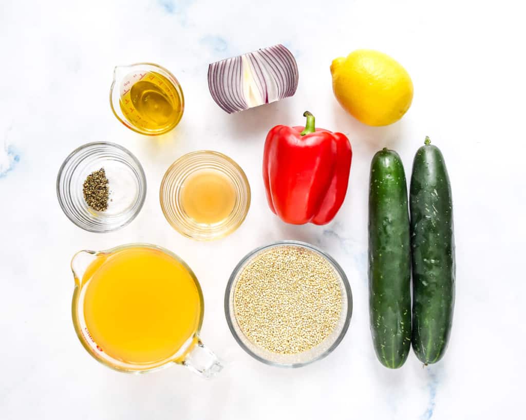ingredients required to make the make-ahead quinoa party salad.