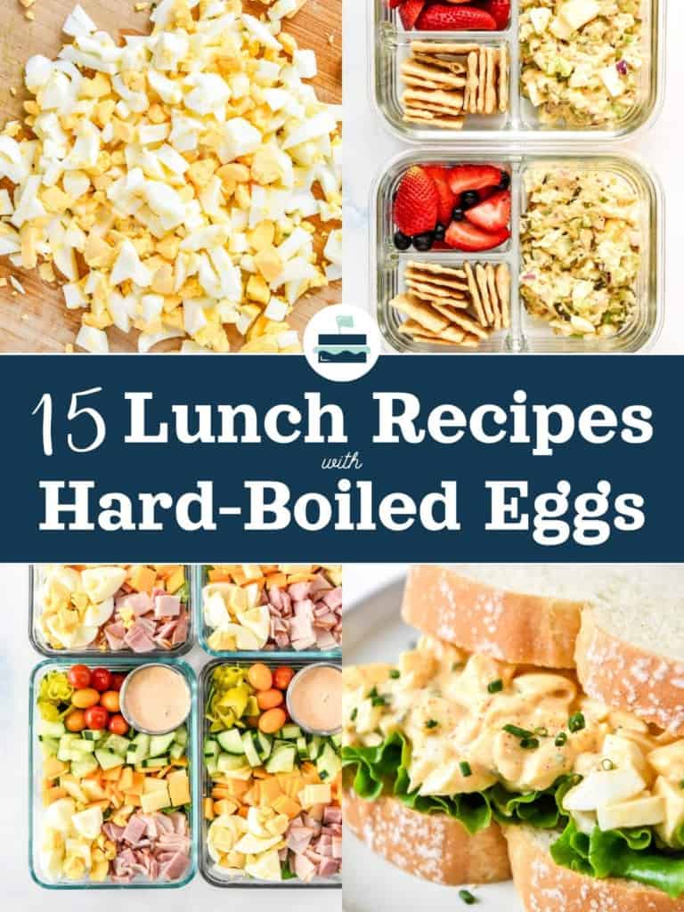 cover for 15 lunch recipes with hard-boiled eggs including egg salad, chopped eggs, and chef salad.