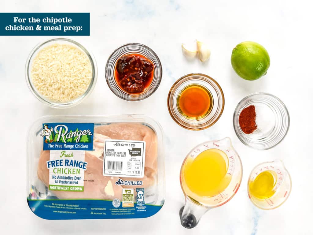 Ingredients for the chipotle lime chicken meal prep before starting to cook.