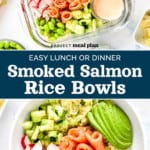 pin image with text for easy smoked salmon rice bowls.