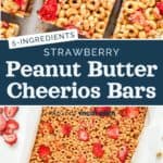 pin image with text for strawberry peanut butter cheerios bars.