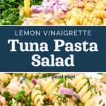 pin image with text for lemon vinaigrette tuna pasta salad.