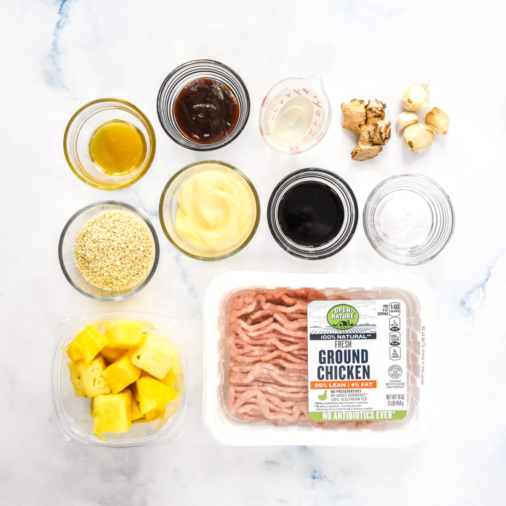 ingredients required to make chicken meatballs and a homemade teriyaki sauce.