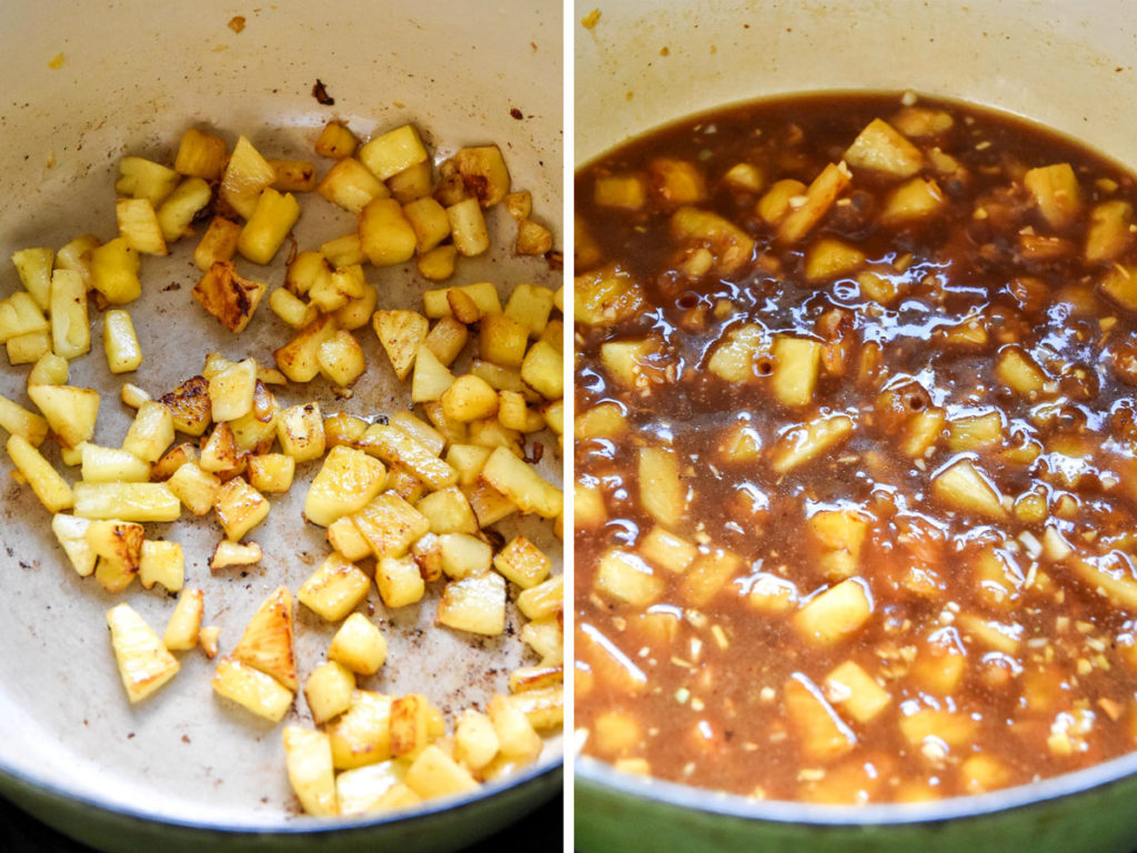 caramelizing pineapple and turning it into a sauce in a dutch oven.