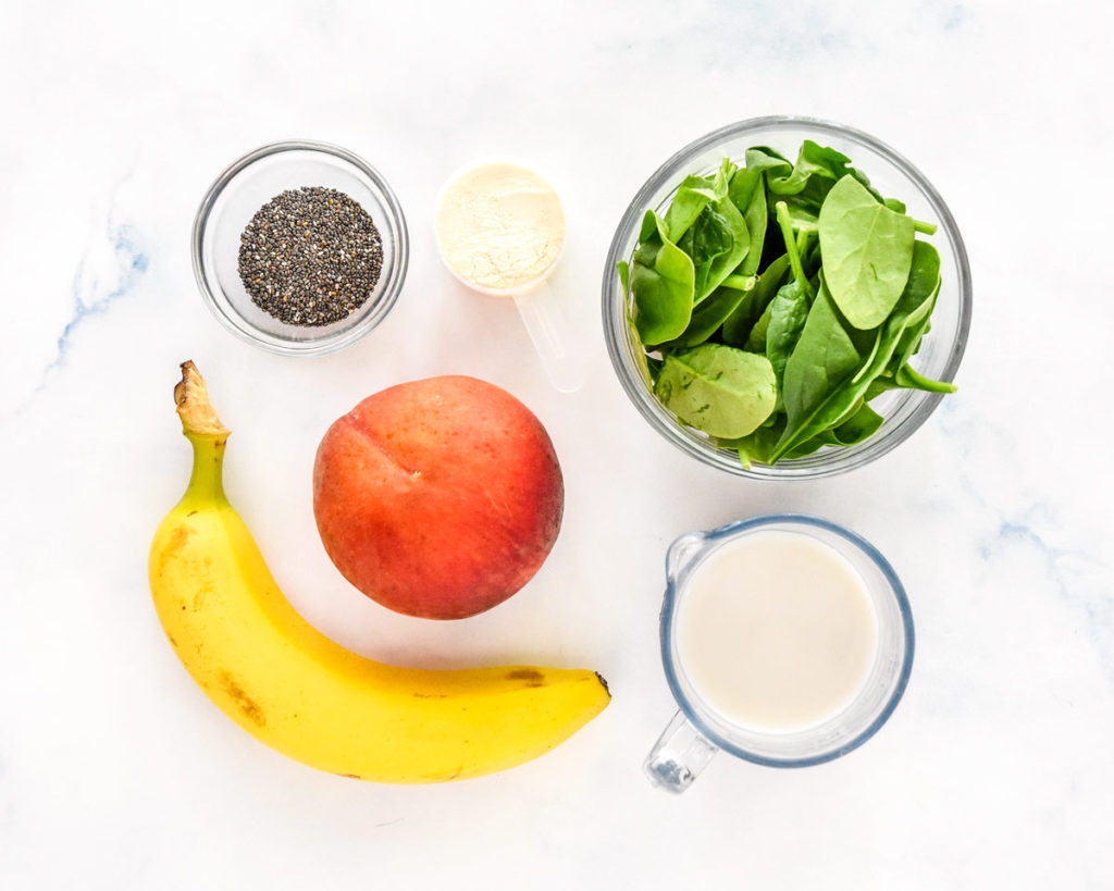 ingredients to make the peaches and green protein smoothie before prepping.