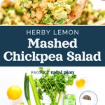 pin image with text for herby lemon mashed chickpea salad.