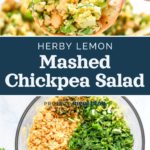 pin image with text for herby lemon mashed chickpea salad.