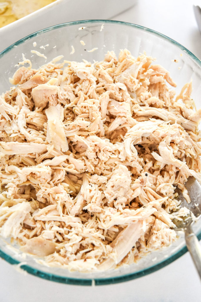baked shredded chicken breast in a bowl.
