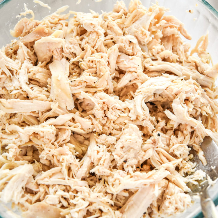 baked shredded chicken breast in a bowl.