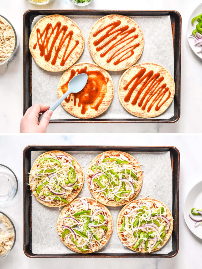 assembling barbecue chicken flatbread pizzas with all the toppings.