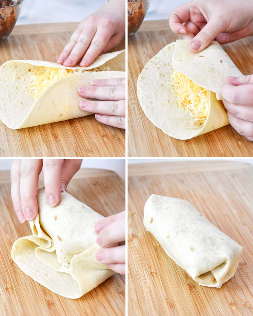 step by step of wrapping the easy chicken bean burritos so they stay closed.