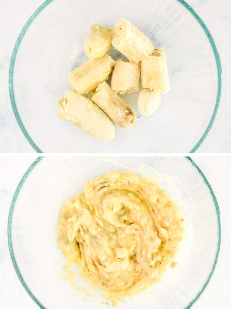 before and after mashing bananas in a large glass bowl.