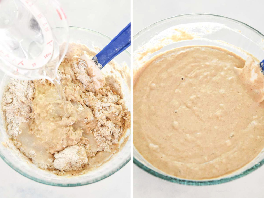 mixing up batter for the banana protein pancakes in a glass bowl.