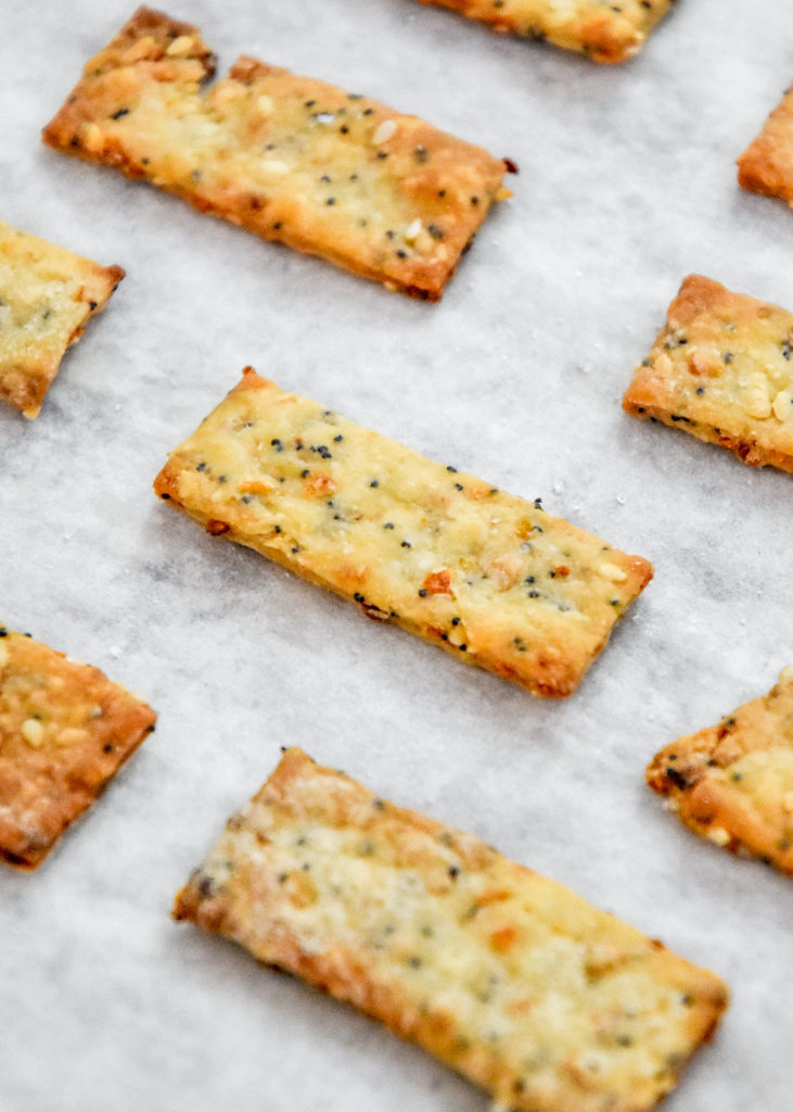 homemade everything but the bagel crackers baked on a sheet pan.