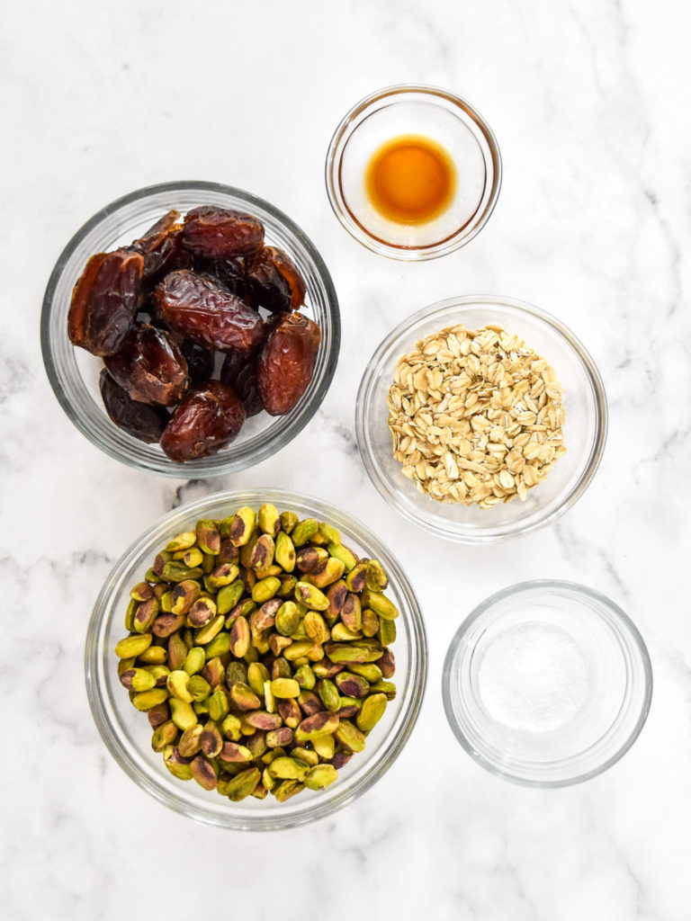 ingredients to make the pistachio date energy balls before starting.
