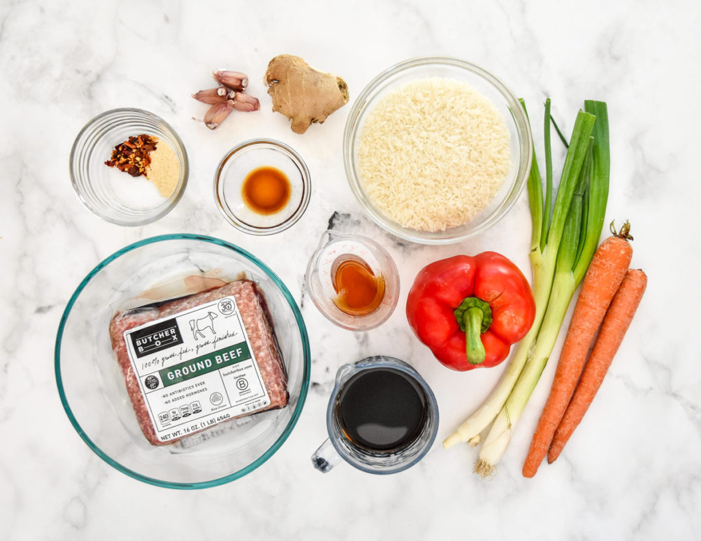 ingredients required to make ginger ground beef bowls before starting to cook.