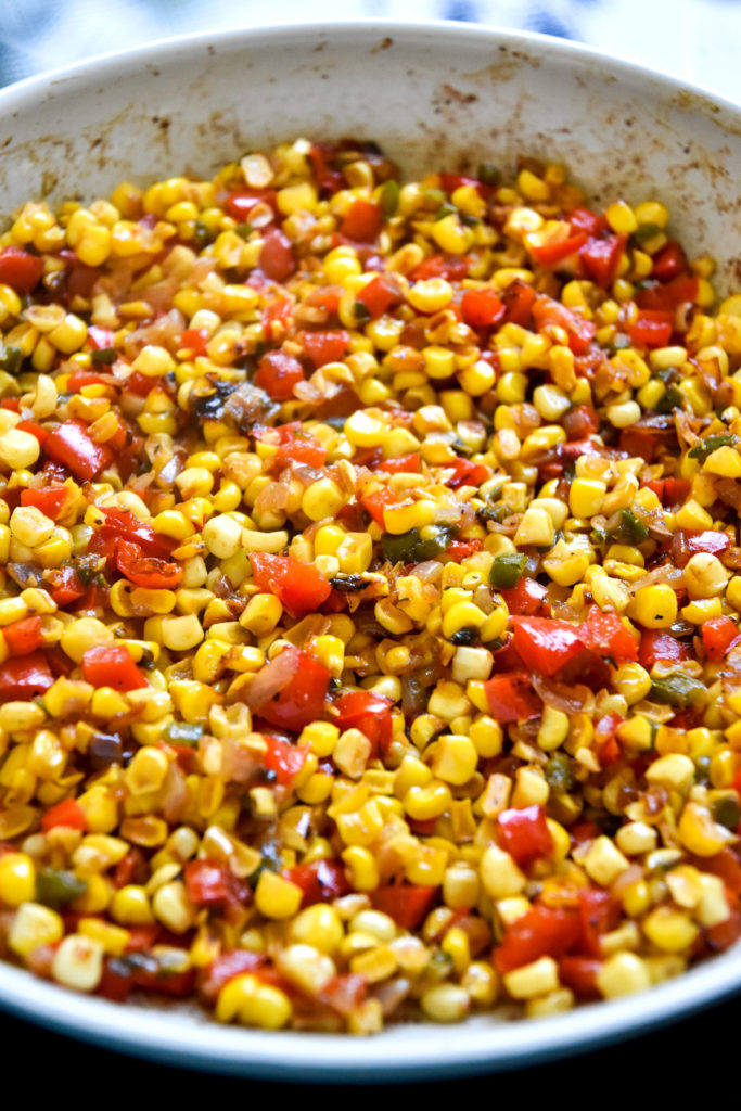 pan roasted corn, peppers and onion with lots of browning.