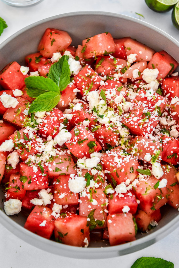 watermelon feta mint salad in a shallow serving bowl.