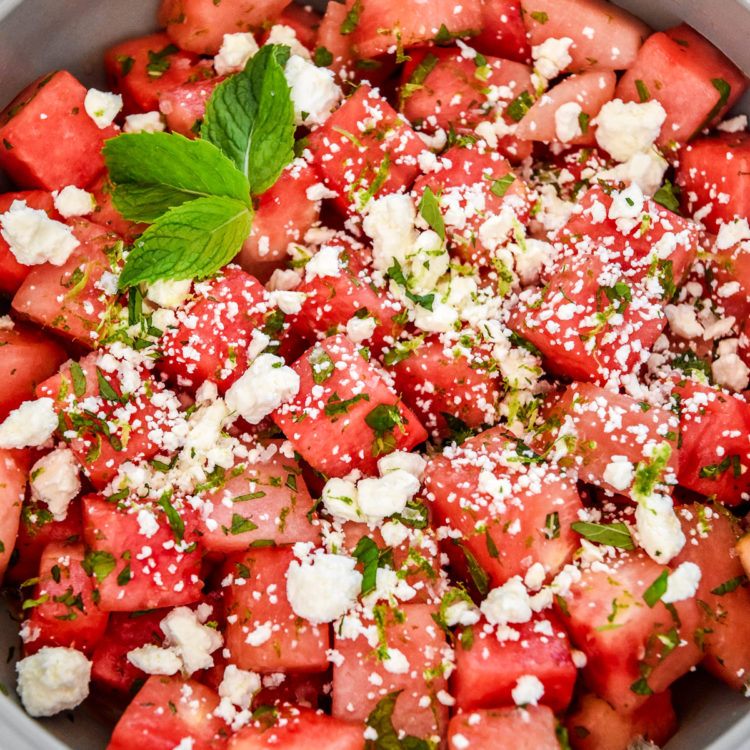watermelon feta mint salad in a shallow serving bowl.