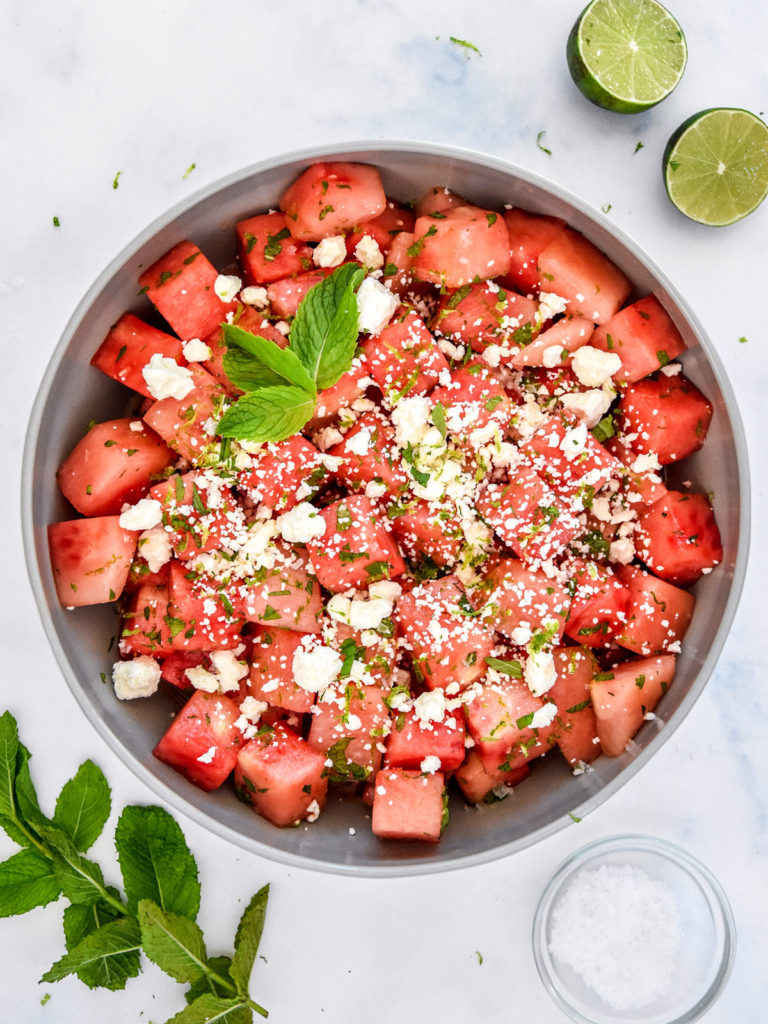 watermelon feta mint salad in a shallow serving bowl.