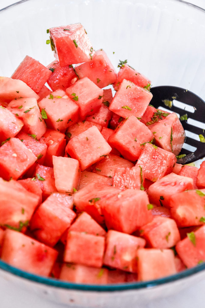 Watermelon Feta Mint Salad mixed up in a bowl before adding the feta.