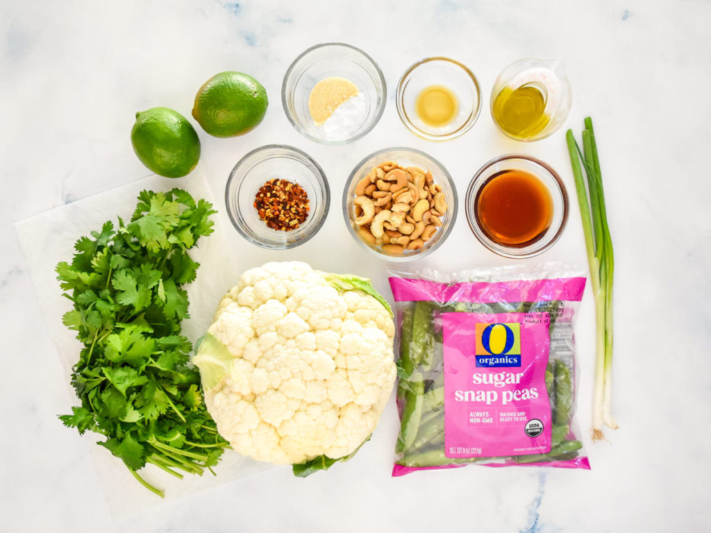 Ingredients required for the chili lime roasted cauliflower salad.